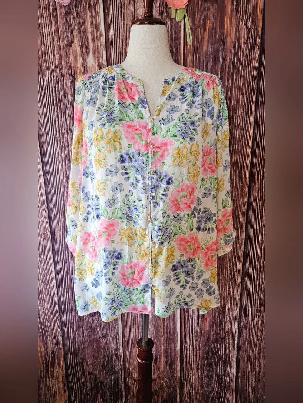 NWT Rose & Olive Georgette Button Front Floral Top Plus Size 1X - Picture 1 of 9